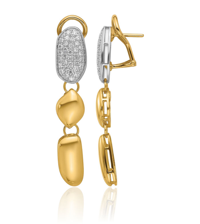 18K Solid Two Tone Gold Diamond Omega Clip Back Post Drop Dangle Earrings