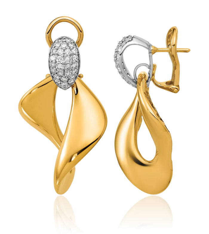 18K Solid Two Tone Gold White Twisted Diamond Omega Drop Dangle Earrings