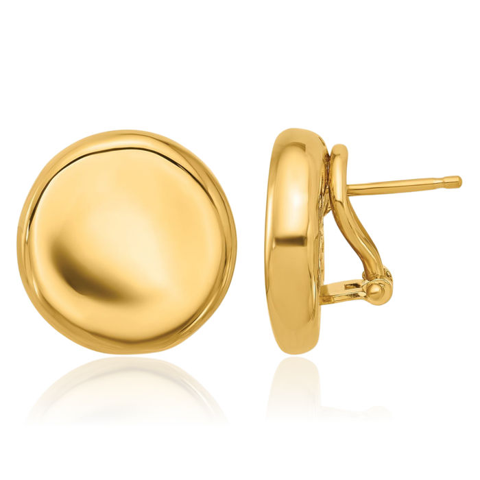 18K Solid Yellow Gold 17mm Round Button Omega Clip Back Post Stud Earrings