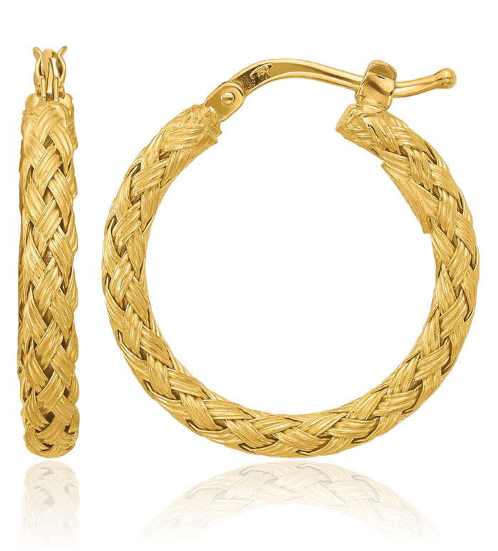 18K Solid Yellow Gold Braided Round Medium Hoop Earrings