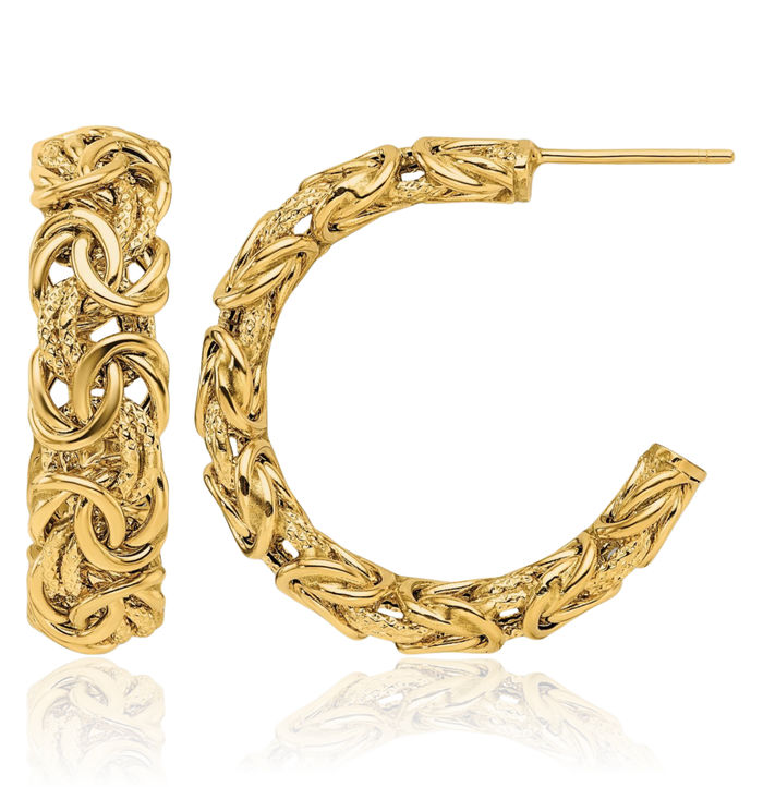 18K Solid Yellow Gold Byzantine Post C Hoop Earrings