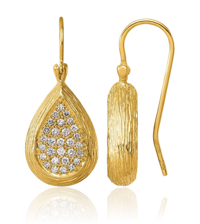 18K Solid Yellow Gold Diamond Teardrop French Wire Drop Dangle Earrings