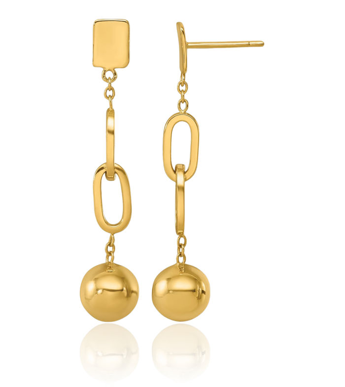 18K Solid Yellow Gold Double Oval Chain Link Ball Post Drop Dangle Earrings