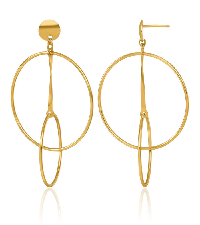 18K Solid Yellow Gold Double Circle Round Bar Post Drop Dangle Line Stud Earrings