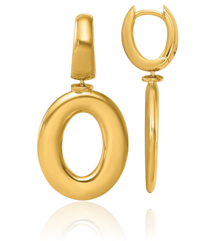 18K Solid Yellow Gold Oval Huggie Medium Hoop Drop Dangle Earrings