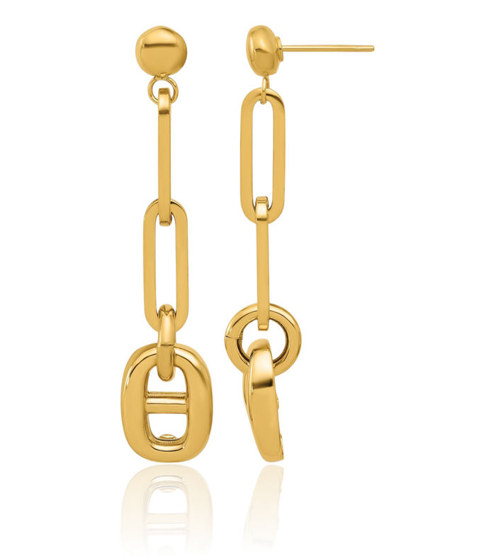 18K Solid Yellow Gold Paperclip Anchor Mariner Chain Link Post Drop Dangle Earrings