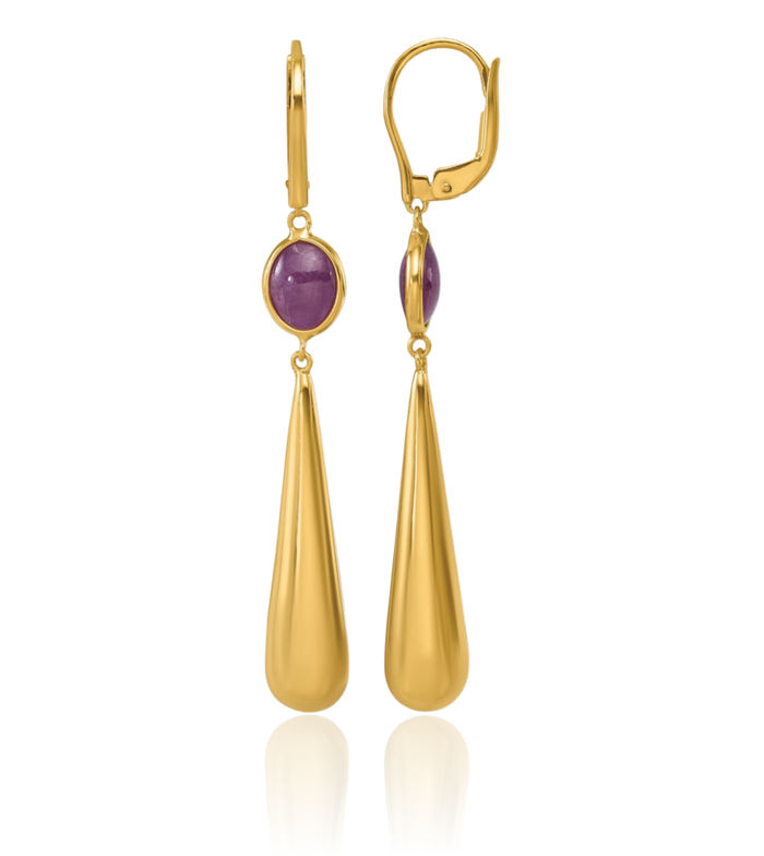 18K Solid Yellow Gold Red Corundum Teardrop Drop Dangle Earrings Gemstone