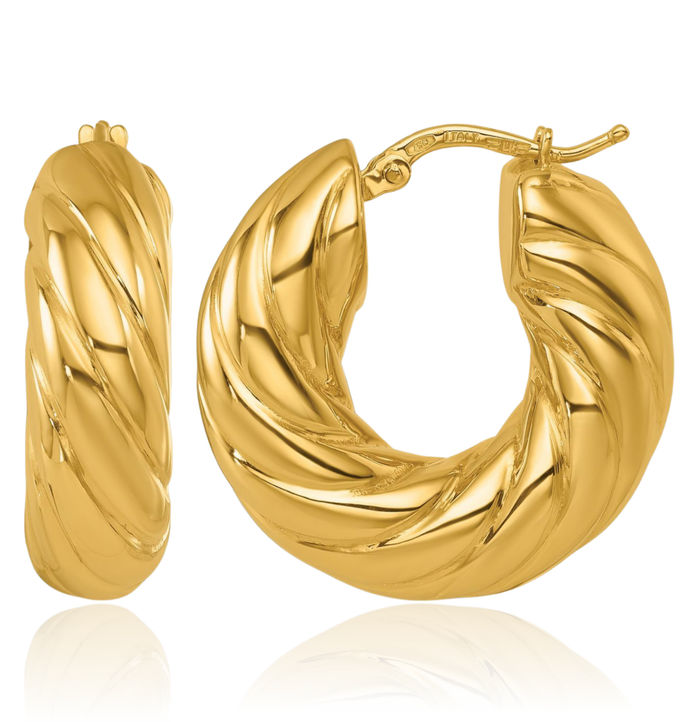 18K Solid Yellow Gold Twisted 7.6x25mm Round Medium Hoop Earrings