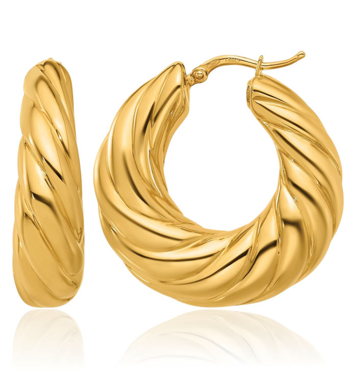 18K Solid Yellow Gold Twisted Graduated Round Medium Hoop Earrings