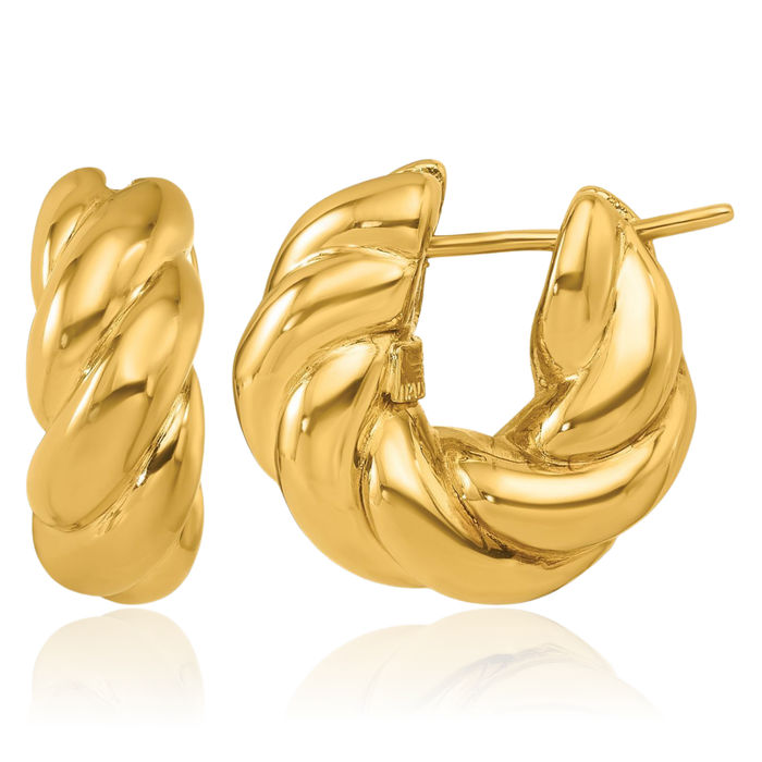 18K Solid Yellow Gold Twisted 7.4x18.6mm Round Small Hoop Earrings