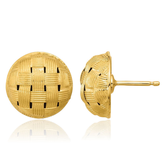 18K Solid Yellow Gold Woven 14mm Button Stud Earrings