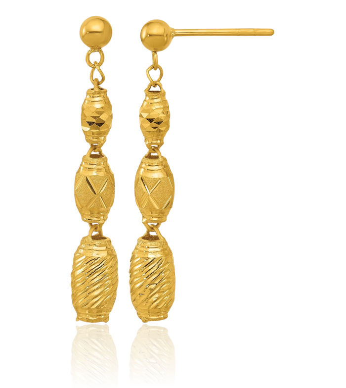 24K Solid Yellow Gold Bead Post Drop Dangle Earrings