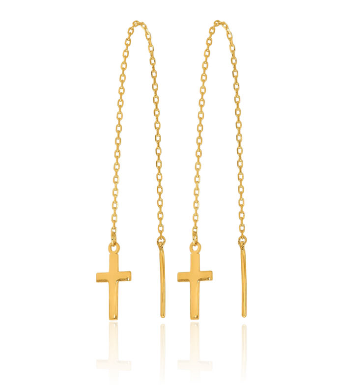 24K Solid Yellow Gold Latin Mexican Holy Cross Threader Christian Religious Drop Dangle Earrings