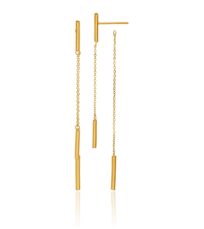 24K Solid Yellow Gold Double Bar Back Post Drop Dangle Line Stud Earrings