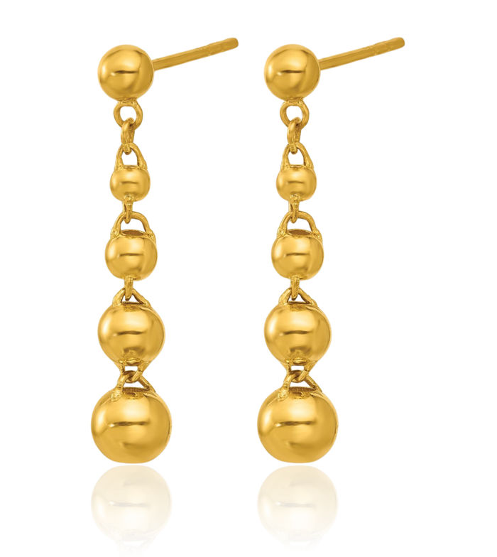 24K Solid Yellow Gold Graduated Beads Back Post Drop Dangle Earrings