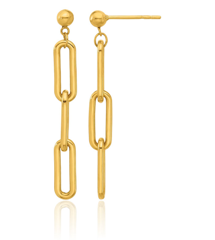 24K Solid Yellow Gold Paperclip Chain Link Back Post Drop Dangle Earrings