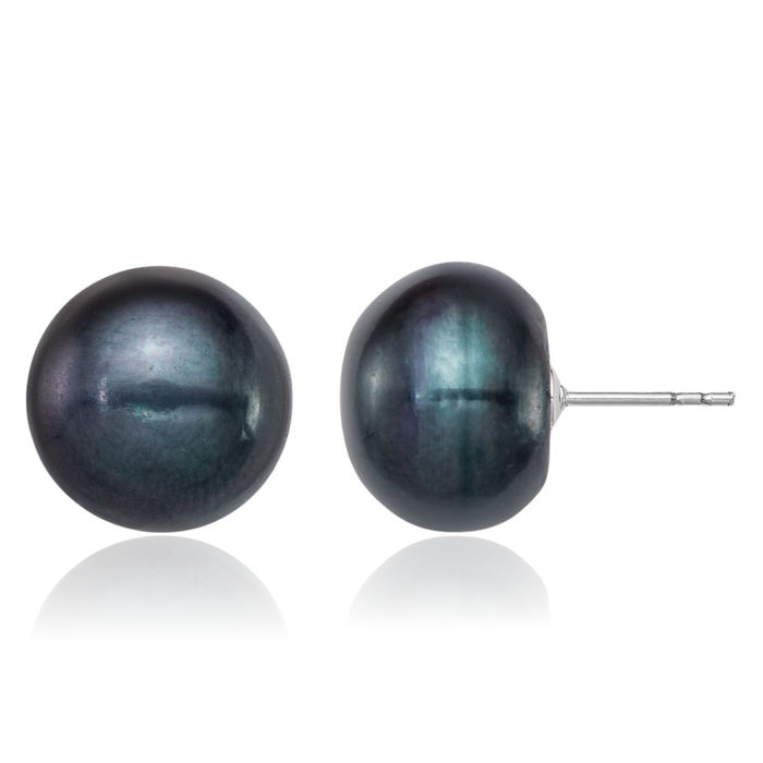 925 Sterling Silver 12mm Black Button Freshwater Cultured Pearl Stud Earrings