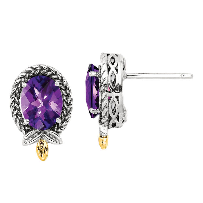 925 Sterling Silver Vintage Braided Oval Purple Amethyst Stud Earrings February Birthstone Jewelry