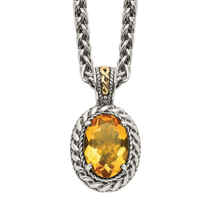 925 Sterling Silver Vintage Oval Yellow Orange Citrine Chain Necklace Gemstone Pendant Charm