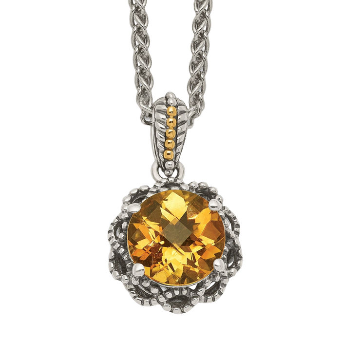 925 Sterling Silver Vintage Round Yellow Orange Citrine Chain Necklace Gemstone Pendant Charm