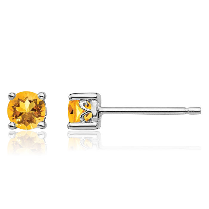 925 Sterling Silver 4mm Round Yellow Orange Citrine Stud Earrings Gemstone Post Push Back November Birthstone Jewelry