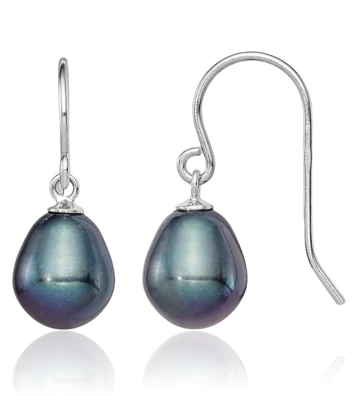 925 Sterling Silver 8mm Black Rice Freshwater Cultured Pearl Drop Dangle Earrings