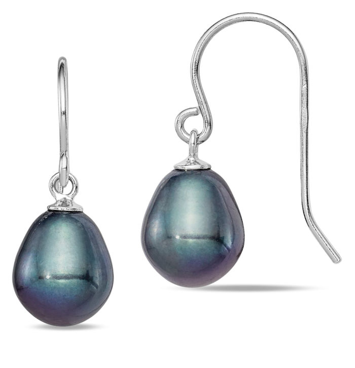 925 Sterling Silver 8mm Black Rice Freshwater Cultured Pearl Drop Dangle Earrings