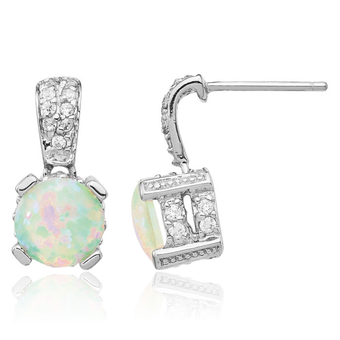 925 Sterling Silver 8mm Cabochon Lab Opal Cubic Zirconia CZ Post Drop Dangle Earrings Gemstone Push Back