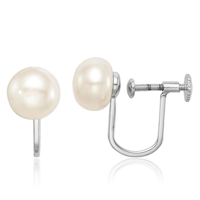 925 Sterling Silver 8mm White Button Freshwater Cultured Pearl Non Pierced Clip On Stud Earrings