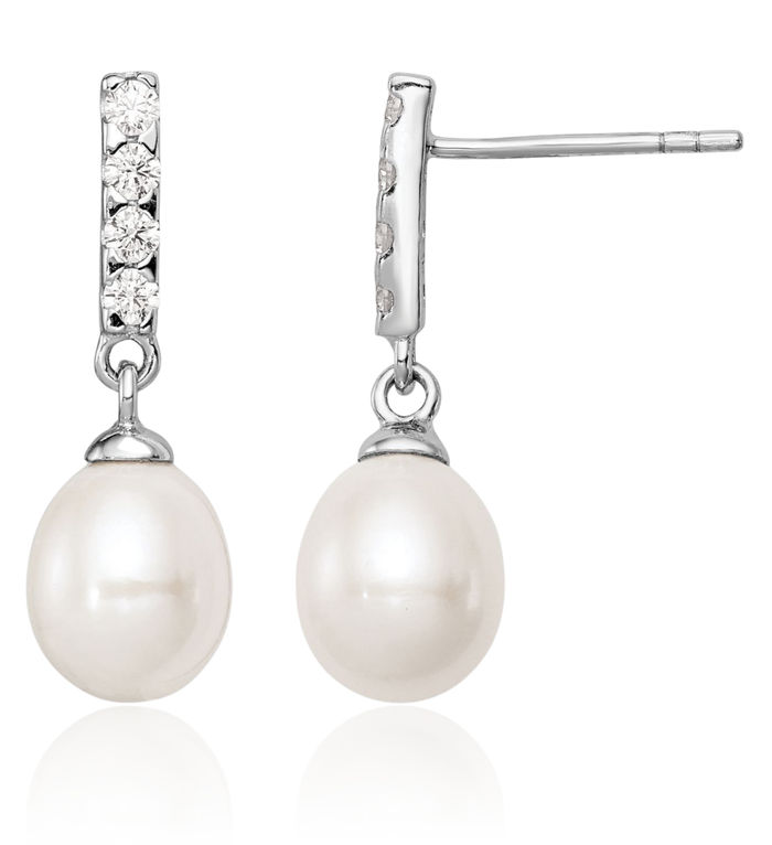 925 Sterling Silver 8mm White Teardrop Freshwater Cultured Pearl Cubic Zirconia CZ Line Bar Drop Dangle Earrings