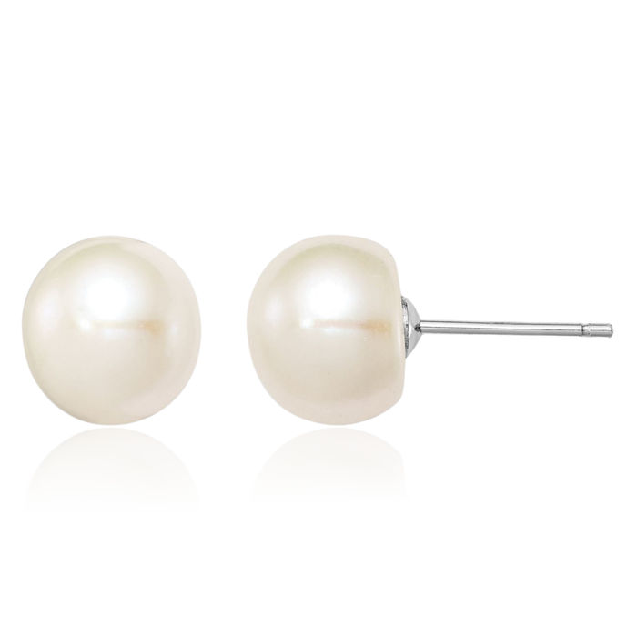 925 Sterling Silver 9mm White Button Freshwater Cultured Pearl Stud Earrings