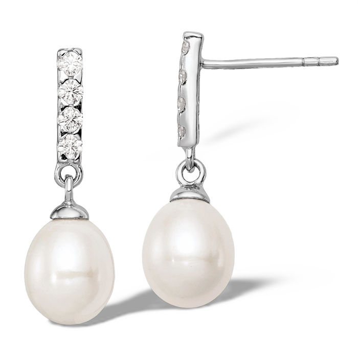 925 Sterling Silver 8mm White Teardrop Freshwater Cultured Pearl Cubic Zirconia CZ Drop Dangle Line Bar Stud Earrings