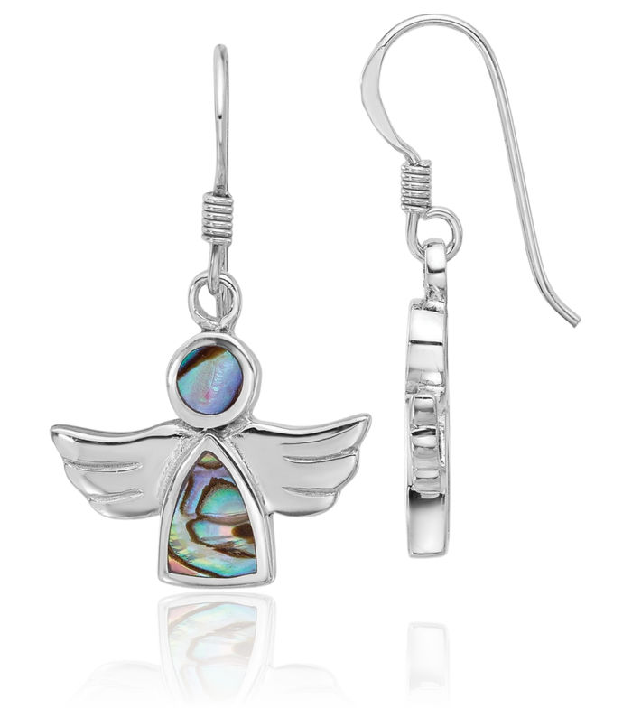 925 Sterling Silver Abalone Guardian Angel Wings Drop Dangle Earrings