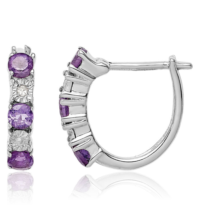 925 Sterling Silver Purple Amethyst Diamond Huggie Small Hoop Earrings