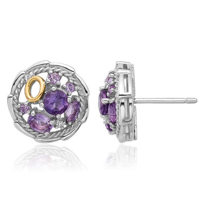 925 Sterling Silver Purple Amethyst Pink Quartz White Topaz Stud Earrings