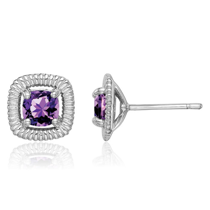 925 Sterling Silver Purple Amethyst Square Stud Earrings February Birthstone Jewelry