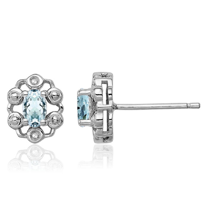 925 Sterling Silver Blue Aquamarine Diamond Stud Solitaire Earrings Gemstone Post Push Back March Birthstone Jewelry