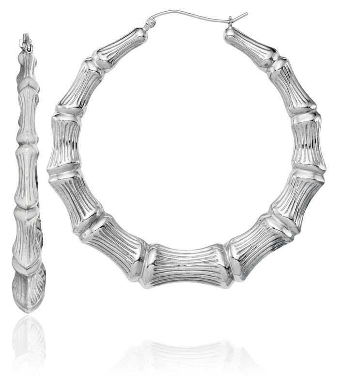 925 Sterling Silver Bamboo Round Large Hoop Earrings
