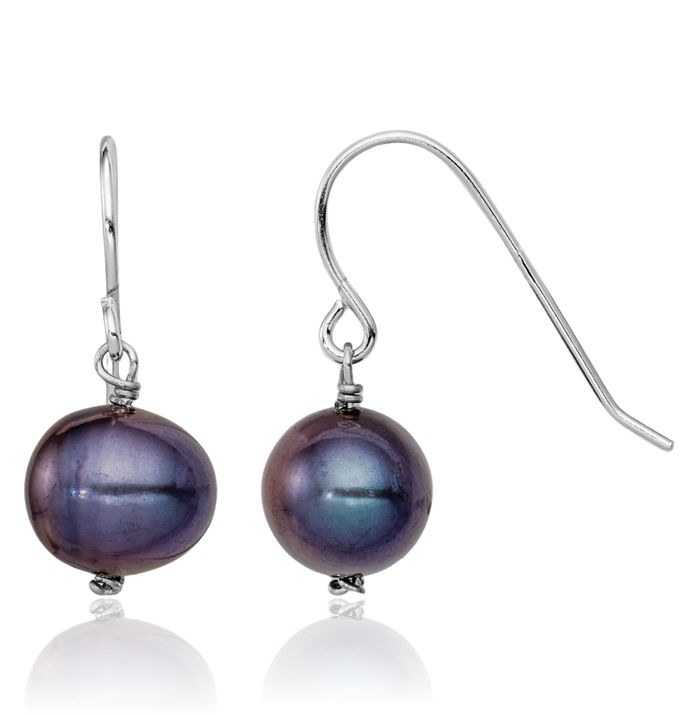 925 Sterling Silver Black 8.5mm Round Freshwater Cultured Pearl Drop Dangle Earrings