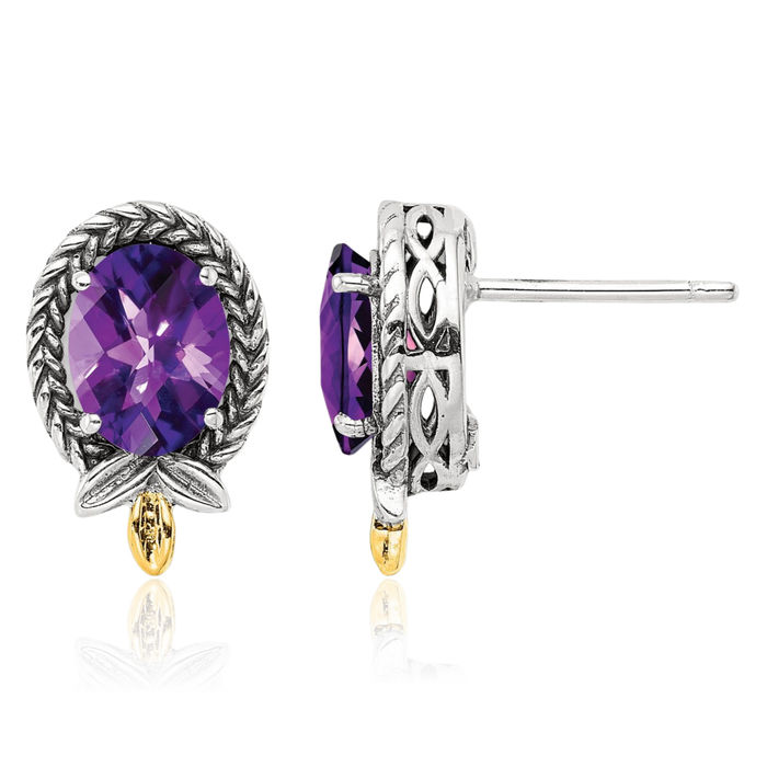 925 Sterling Silver Vintage Braided Oval Purple Amethyst Stud Earrings February Birthstone Jewelry