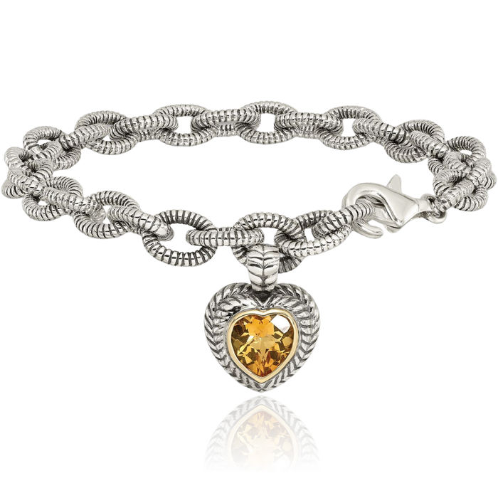 925 Sterling Silver Vintage Yellow Orange Citrine Heart Chain Tennis Charm Bracelet