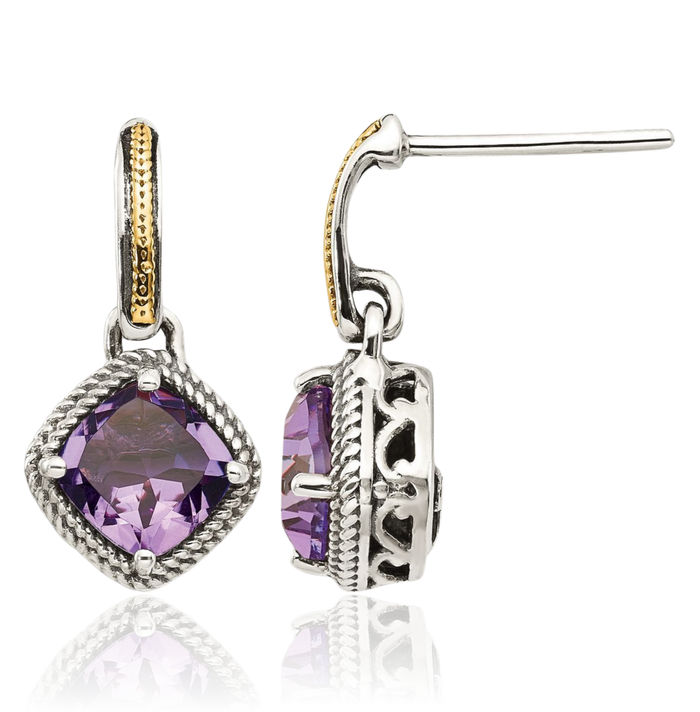 925 Sterling Silver Vintage Cushion-Cut Purple Amethyst Post Drop Dangle Earrings