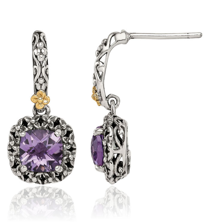 925 Sterling Silver Vintage Cushion-Cut Purple Amethyst Post Drop Dangle Earrings