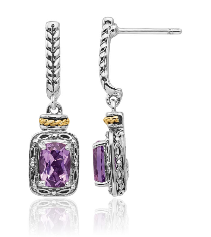 925 Sterling Silver Vintage Cushion-Cut Purple Amethyst Post Drop Dangle Earrings