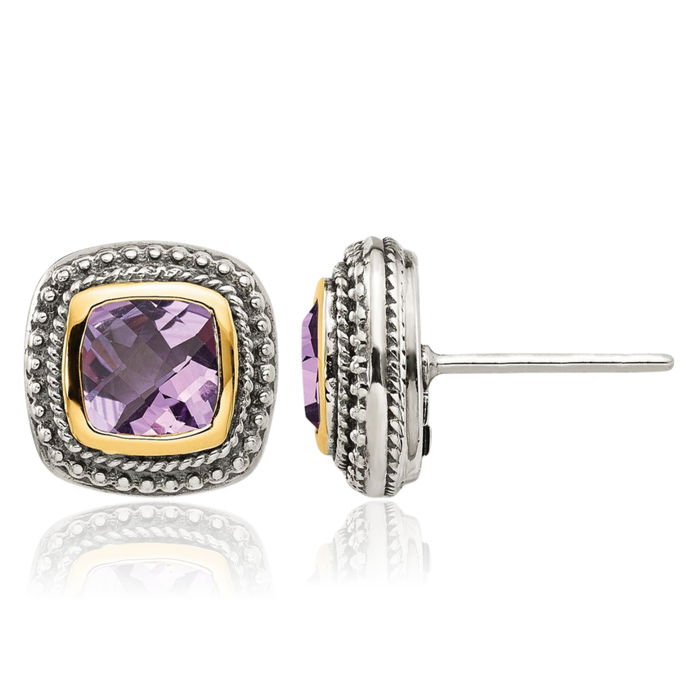 925 Sterling Silver Vintage Cushion-Cut Purple Amethyst Stud Earrings