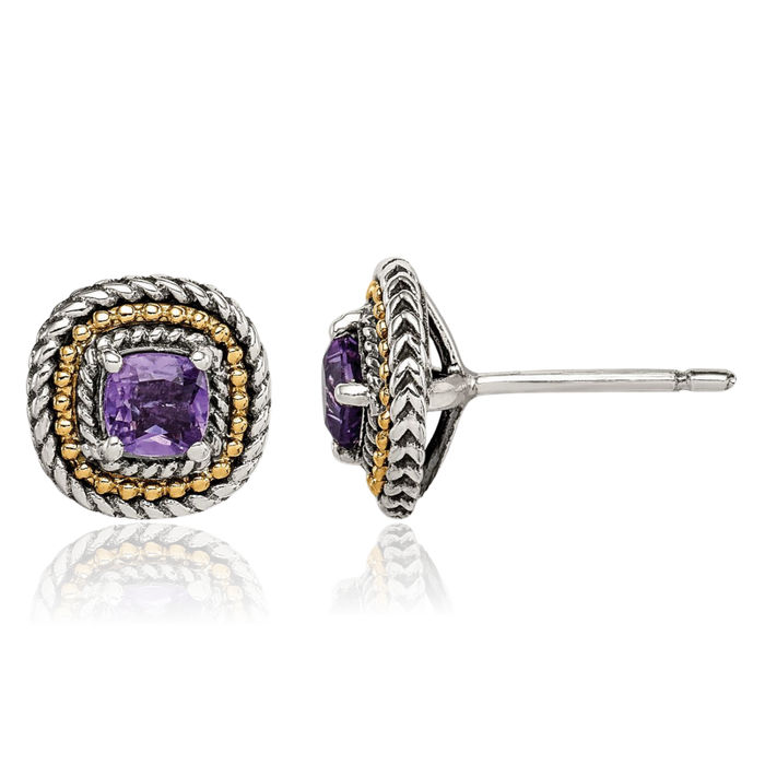 925 Sterling Silver Vintage Cushion-Cut Purple Amethyst Studs Gemstone Earrings