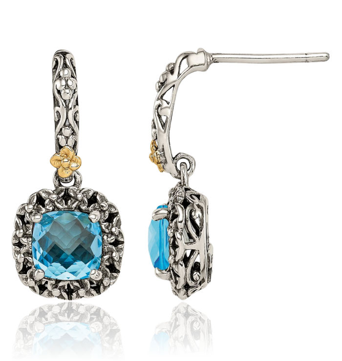 925 Sterling Silver Vintage Cushion-Cut Blue Topaz Post Drop Dangle Earrings