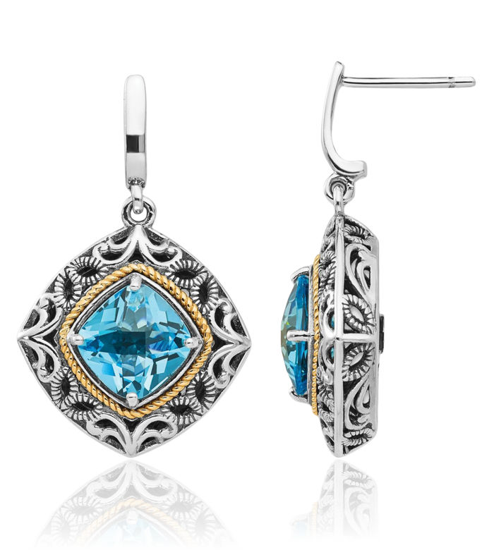 925 Sterling Silver Vintage Cushion-Cut Blue Topaz Post Drop Dangle Earrings