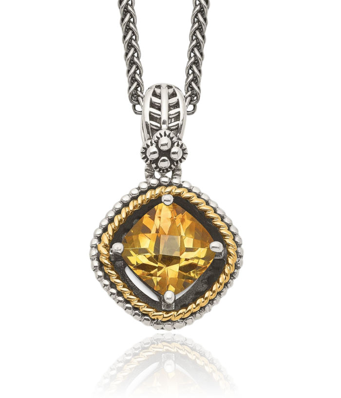 925 Sterling Silver Vintage Cushion-Cut Yellow Orange Citrine Chain Necklace Gemstone Pendant Charm