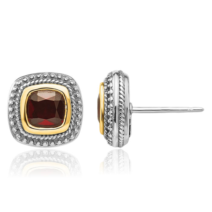 925 Sterling Silver Vintage Cushion-Cut Red Garnet Stud Earrings